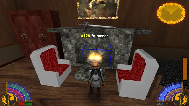 An effect placed in a fireplace, between two chairs