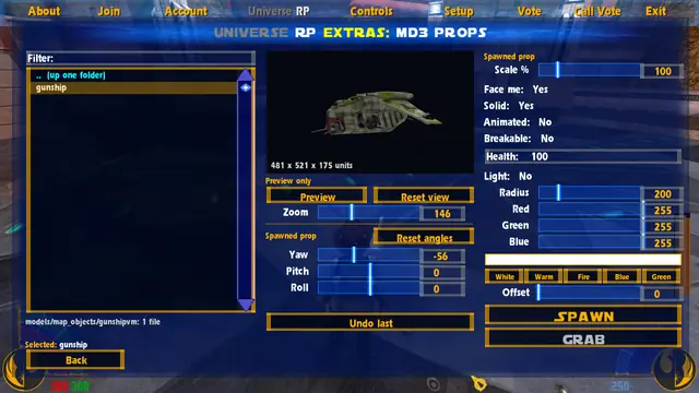 MD3 Props: a gunship previewed, with scale, light and spawn options
