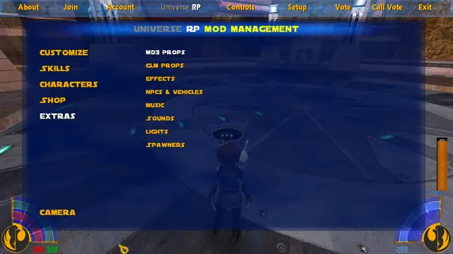 The Extras menu: MD3 and GLM props, effects, NPCs and vehicles, music, sounds, lights and spawners