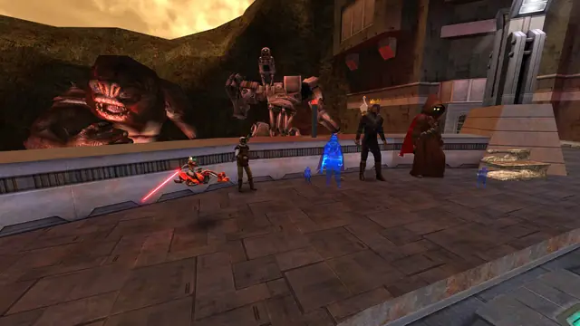 A crowd of scaled NPCs, holograms, hats and capes