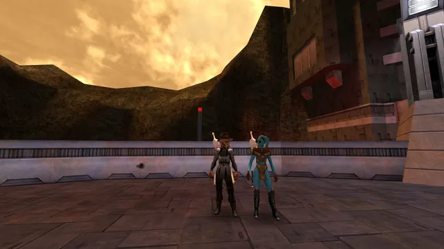 A player and a Twi'lek side by side, each with a duck on the shoulder