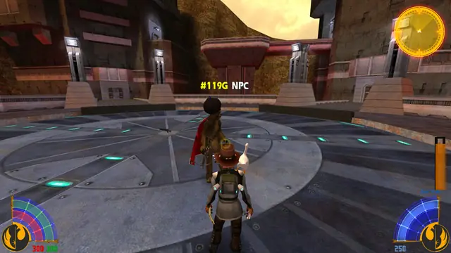 A player with a hat and an NPC with a cape, with the radar