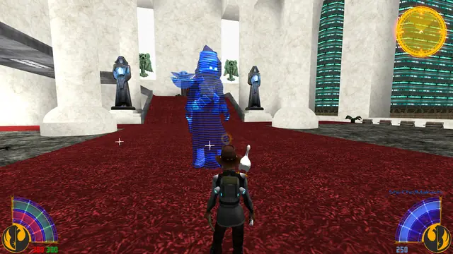 A large hologram NPC on a red carpet