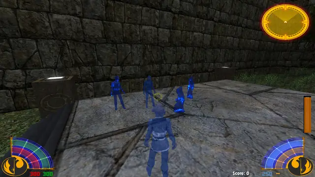Holograms standing in a stone courtyard