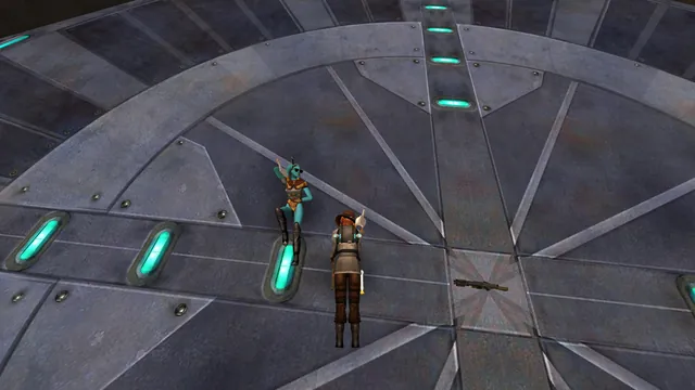 A Twi'lek in sunglasses lounging on the floor beside a player with a hat and a duck on her shoulder