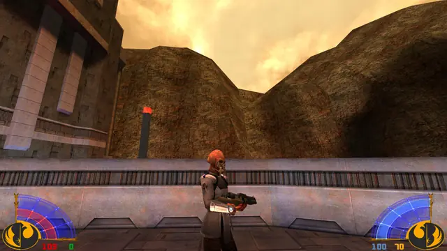 A character with a rifle and a saber holstered on his wrist