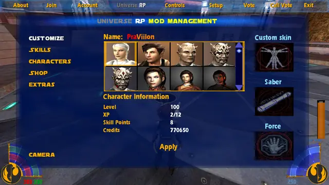 The Universe RP menu: a character's level, XP, skill points, credits, skin, saber and Force