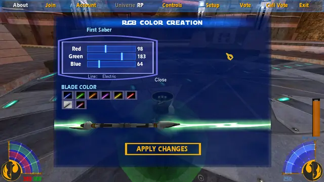 Saber colour: red, green and blue sliders and the blade style